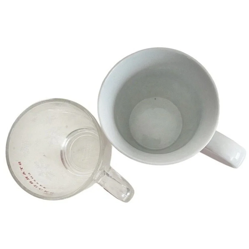 STARBUCKS Mugs Lot of Two Holiday Mugs Red White Ceramic Clear Glass